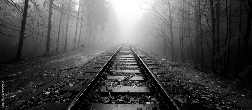 Fototapeta premium Train Tracks in a Foggy Landscape with Black and White Trees