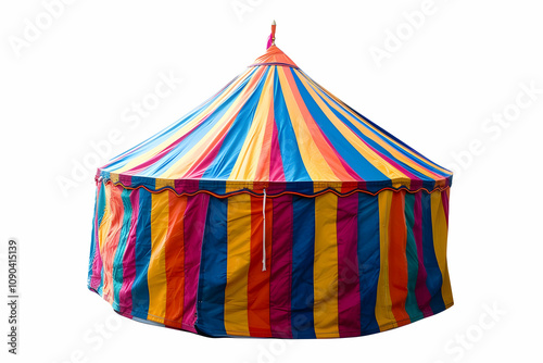 Bright striped circus tent against white, evoking classic carnival fun and festive vibes photo