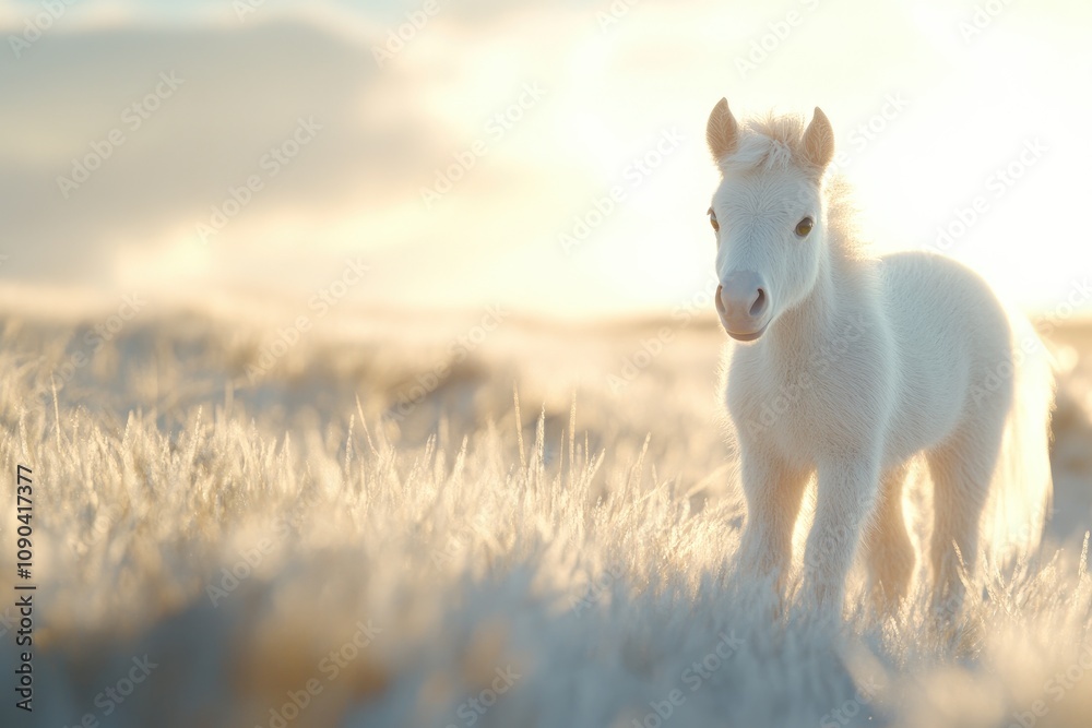 Obraz premium White Horse Stands in Frosted Grass at Sunset - A Stunning Image of Nature