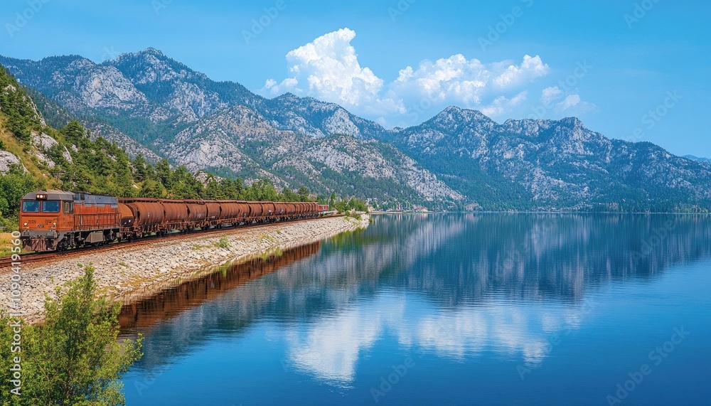 Fototapeta premium Freight Train Traveling Through Mountainous Landscape with Blue Lake