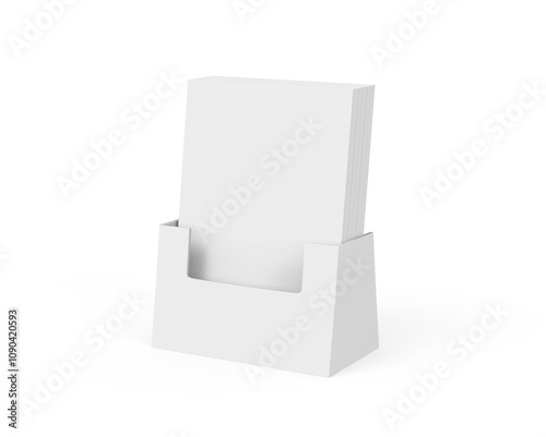 Acrylic wall mount brochure holder mockup with blank white brochures. 3d illustration.