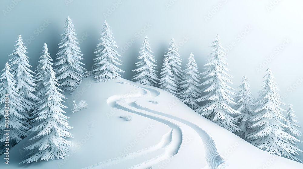 Fototapeta premium Papercut forest with ski tracks winding between frosty pine trees early morning light