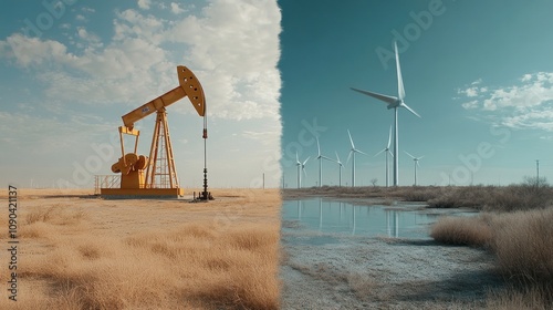 A split image contrasting a traditional oil pump jack on one side and a wind farm on the other, representing the transition from fossil fuels to renewable energy sources.