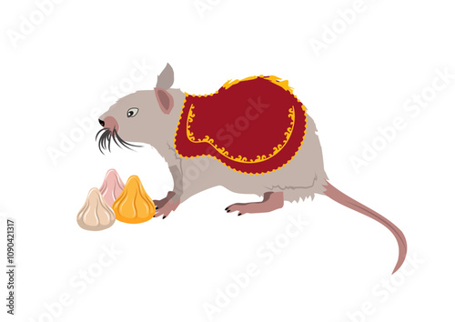 A mouse wearing a decorative cloth, sitting near modaks (sweet dumplings) symbolically representing Lord Ganesha’s vahana (vehicle), Mushak, and his favorite sweet.