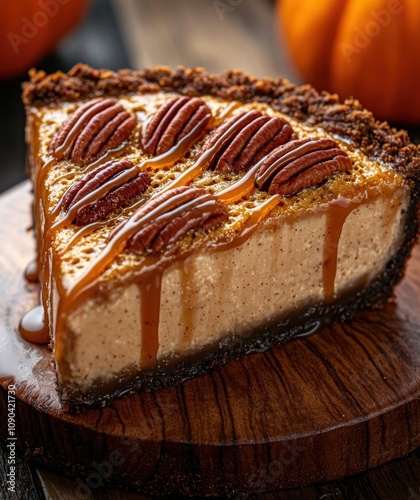 Delicious pecan pumpkin cheesecake with caramel drizzle photo