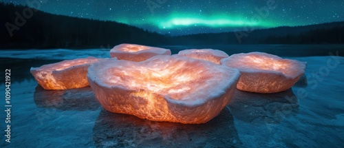 Glowing salt rocks under the northern lights