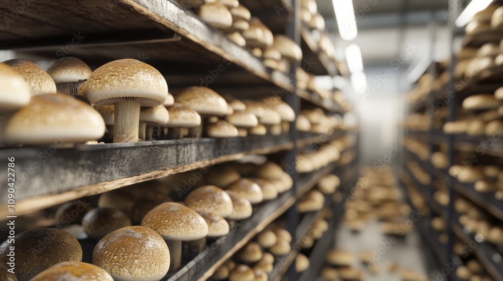 A large number of mushrooms growing on wooden shelves in a warehouse. A large number of mushrooms growing on wooden shelves in a warehouse.
