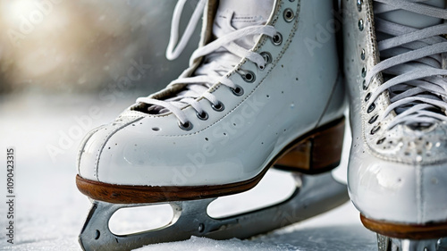 Close-up of ice skates standing on a skating rink, studio shot. Winter sport photo