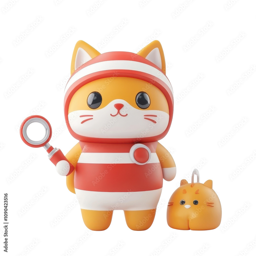 Fototapeta premium Cute and Playful Cartoon Cat Character in Colorful Outfit with Toy Accessory, Perfect for Child-Friendly Designs, Illustrations, and Fun Themes