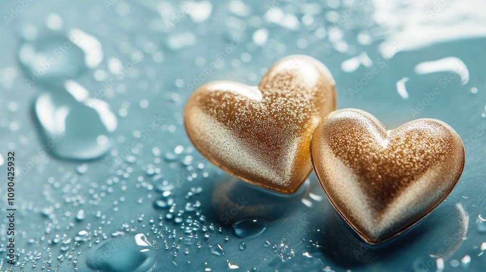Obraz premium Two golden heart shapes on a wet surface, symbolizing love and affection.