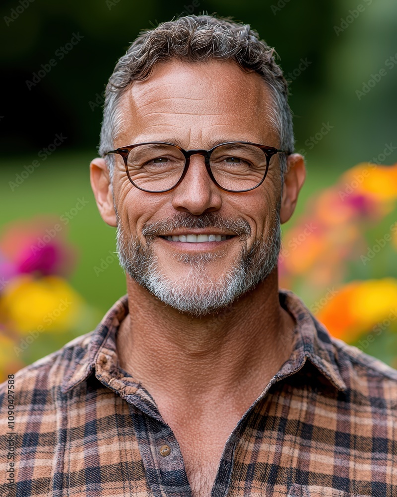 Smiling mature man with glasses and beard in a garden Smiling mature man with glasses and beard in a garden