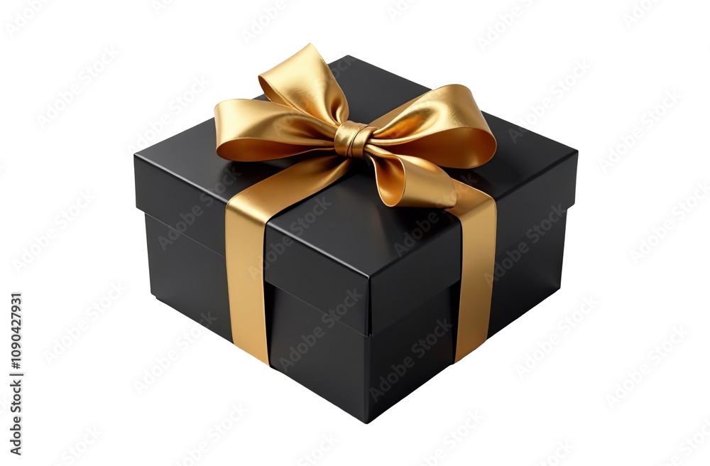 Obraz premium Black gift box with gold ribbon on transparent background. For christmas gift, black friday, big sale. Retail promotions, discount events, social media marketing