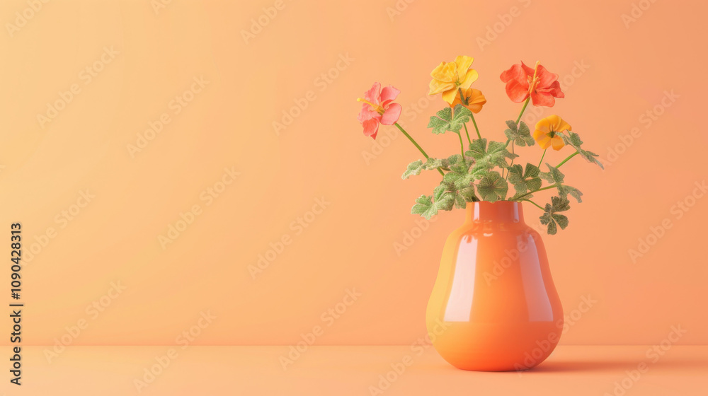 Fototapeta premium Orange Vase with Nasturtiums Flowers on a Peach Background