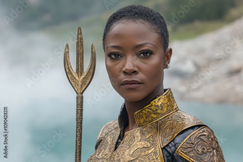 Powerful woman with ornate golden trident