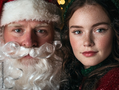 santa claus and young woman in front of christmas tree