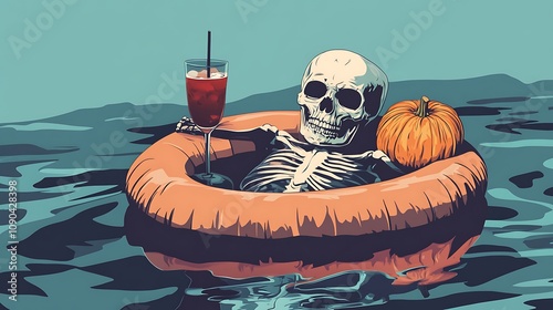Skeleton enjoying a drink in a pumpkin pool float on a Halloween night.
