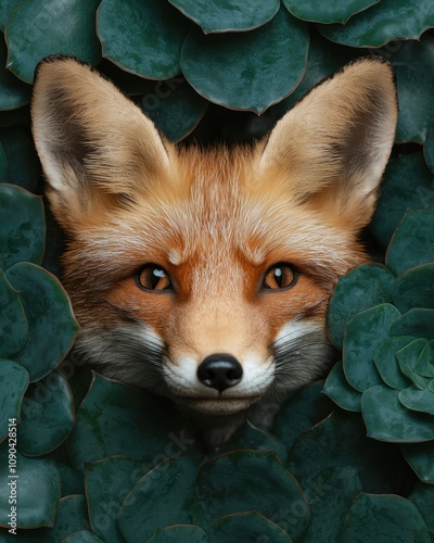 Curious fox peeking through leaves