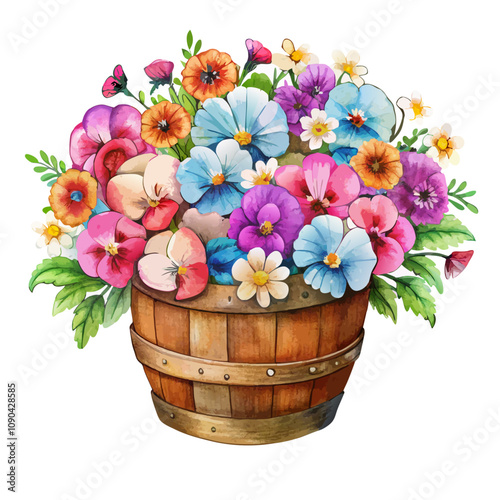 Watercolor wooden half barrel planter full of daisies and pansies vector illustration (12)