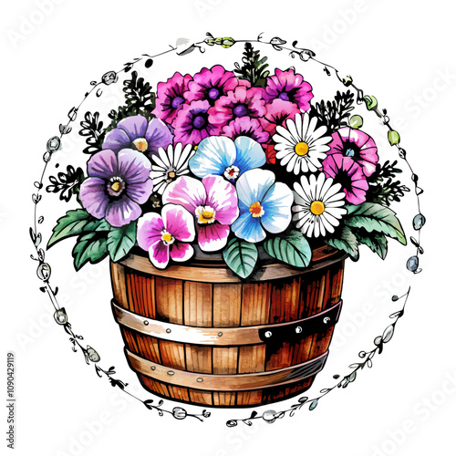 Watercolor wooden half barrel planter full of daisies and pansies vector illustration (7)