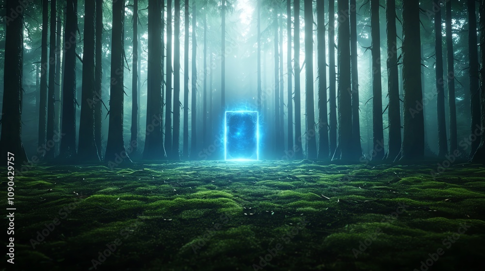 Obraz premium Mystical portal glowing in a serene forest with towering trees, lush green moss, and soft light beams breaking through the canopy, creating an enchanting atmosphere of mystery and