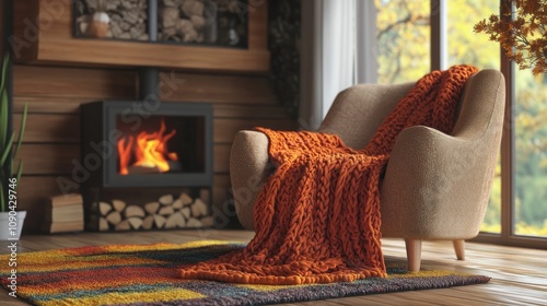 Cozy armchair with an orange blanket near a fireplace with a fire burning inside in a living room with a window view of autumn foliage.