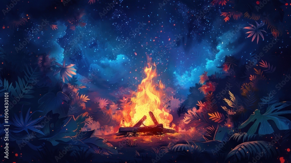 A fiery campfire burns brightly in the middle of a lush jungle, surrounded by trees and plants, under a vibrant, starry night sky. A fiery campfire burns brightly in the middle of a lush jungle, surrounded by trees and plants, under a vibrant, starry night sky.
