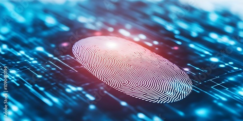 A digital fingerprint placed on a backdrop of binary code, representing identity verification and cybersecurity concepts. Concept Digital Fingerprint Art, Binary Code Background