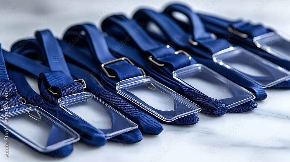 Multiple navy blue lanyards with clear plastic ID holders lie on a white marble surface. Multiple navy blue lanyards with clear plastic ID holders lie on a white marble surface.