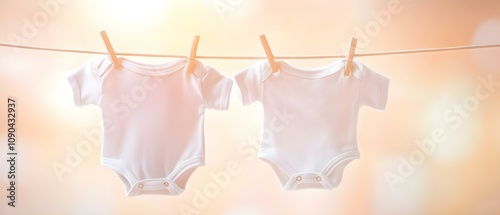 Two white baby onesies are hanging on a clothesline with a soft, blurred background, creating a warm and festive atmosphere. Concept Baby Clothing Display, Festive Atmosphere, Soft Focus Background