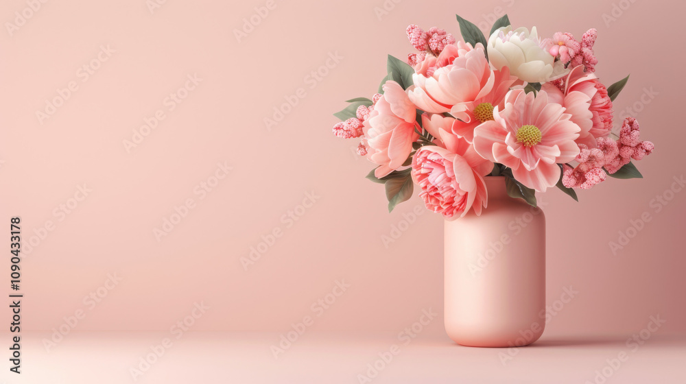 Fototapeta premium Pink Flowers in Vase on Pink Background