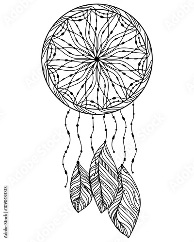 Dreamcatcher outline, meditative coloring page with woven totem with small beads and feathers