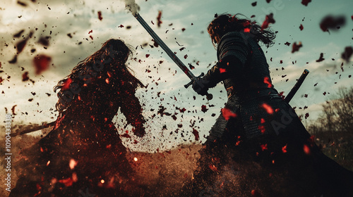Intense sword duel under a dramatic sky during a historical reenactment event photo
