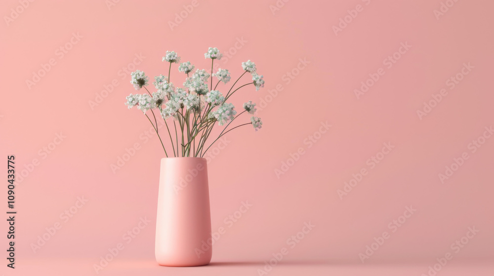 Pink Vase with White Flowers on Pink Background Pink Vase with White Flowers on Pink Background