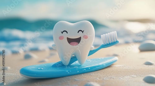 A happy cartoon tooth character is surfing on a surfboard with a toothbrush in hand.