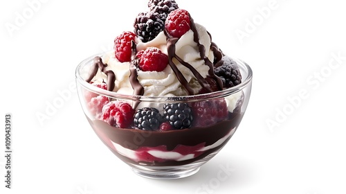 Close-up shot of whipped cream dessert topped with chocolate and raspberries in a white bowl, against a white background. photo