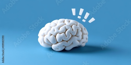 Creative Concept of a Brain on Blue Background with Exclamation Marks Symbolizing Ideas, Inspiration, and Cognitive Function with Modern Design Elements photo