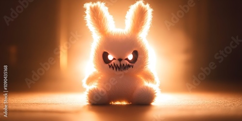 A plush bunny with an angry expression, illuminated from behind, creating a striking silhouette against a dark background. Concept Angry Plush Bunny, Striking Silhouette, Backlighting Effects