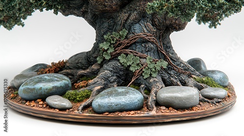 Detailed close-up of a miniature sculpted tree base with exposed roots, stones, and moss. photo