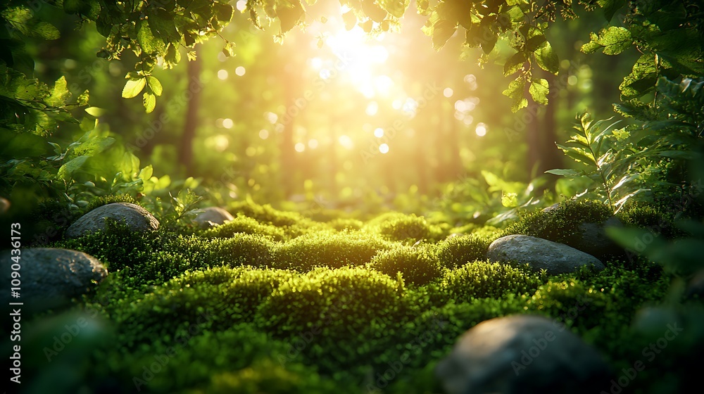 Fototapeta premium Sunlit forest path with moss and rocks.