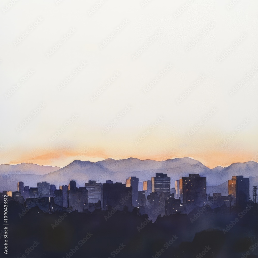 Obraz premium Watercolor painting of a skyline with mountains in the distance and soft evening light on the buildings, on isolated white background