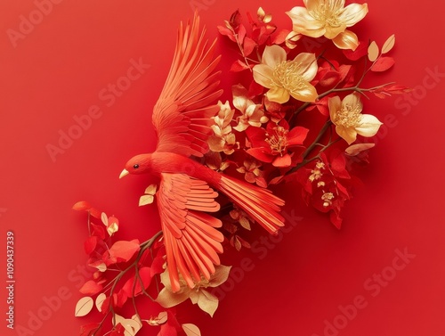 Crimson Flight: A vibrant red bird in flight, surrounded by delicate gold and red paper flowers, creates a stunning visual narrative against a bold red backdrop.  The image evokes feelings of freedom. photo