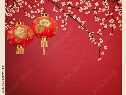 Red Lanterns and Blossoms: A serene and auspicious backdrop for your Chinese New Year celebrations, featuring two traditional red lanterns adorned with intricate patterns.