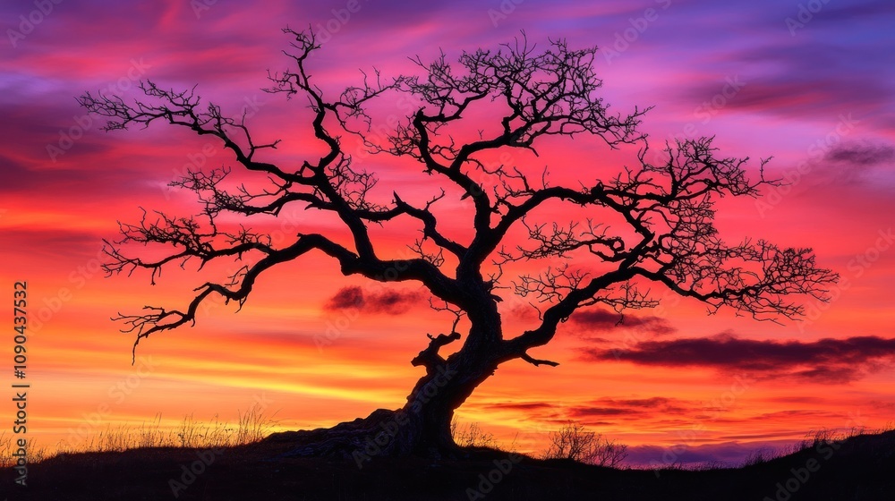 A silhouette of a bare tree stands tall against a vibrant, colorful sunset sky. A silhouette of a bare tree stands tall against a vibrant, colorful sunset sky.