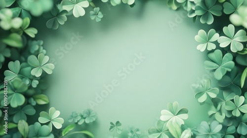 A frame of green clover leaves on a light green background with empty space in the center.