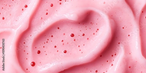 A close-up of a smooth, pink substance with small red droplets, resembling whipped cream or a cosmetic product. Concept Whipped Cream Texture, Cosmetic Product, Close-Up Photography, Food Styling photo