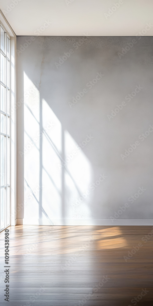 Obraz premium Bright sunlight streams through large windows into a minimalist room with wooden flooring