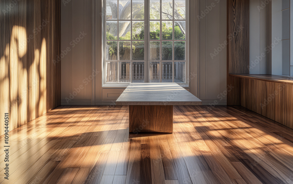 Fototapeta premium Sunlight illuminates a modern interior with wooden accents and large windows in a cozy space