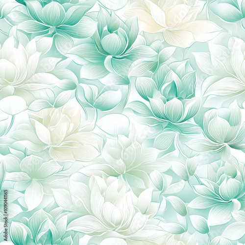 Elegant Chinese fabric seamless pattern featuring delicate lotus flowers in soft pastel colors, creating serene and tranquil atmosphere