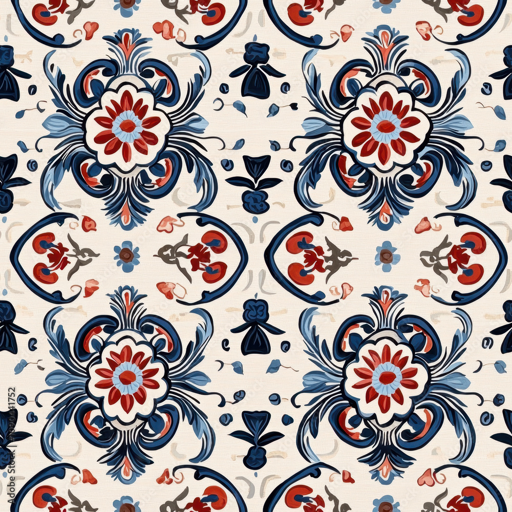 Fototapeta premium Intricate Chinese fabric seamless pattern featuring traditional floral designs in red, blue, and beige tones, creating vibrant and elegant look