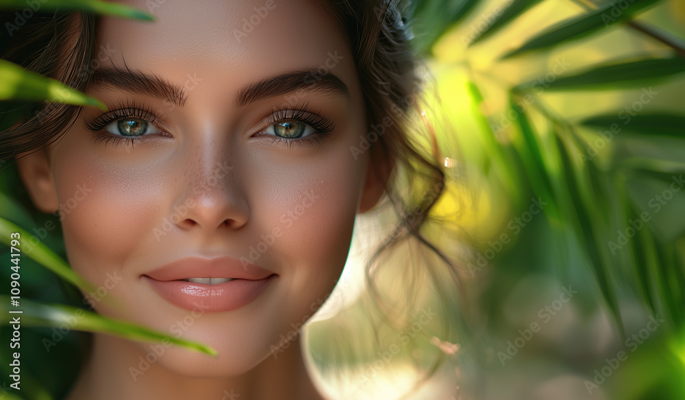 Fototapeta premium Portrait of woman with natural makeup, beautiful eyes and beauty salon cosmetics advertising for skin, hair and face products, leaves and exotic tropical theme background